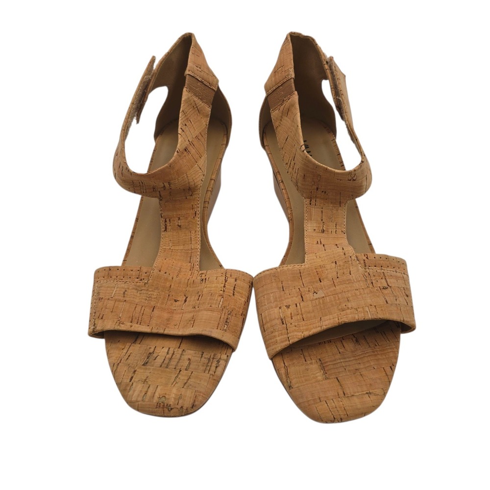 Van Eli Cork T-Strap wood Block Heel Sandals Women's Size 8N Natural Beige EUC